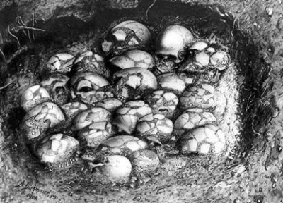 Figure 4: Largest collection of skulls at Ofnet Cave (Probst 1999, 179 in Hofmann 2005, 194).